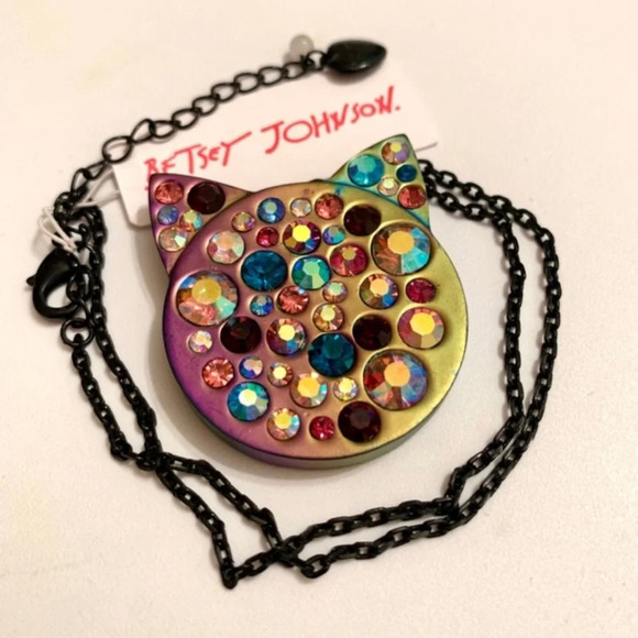 BETSEY JOHNSON SET Halloween Cat Head Crystals in Gunmetal Earrings Necklace NWT - Picture 5 of 13